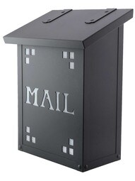 Pasadena Solid-Brass Vertical Mailbox with Mail Stencil and Decorative Glass in Textured Black/Wispy White Glass.
